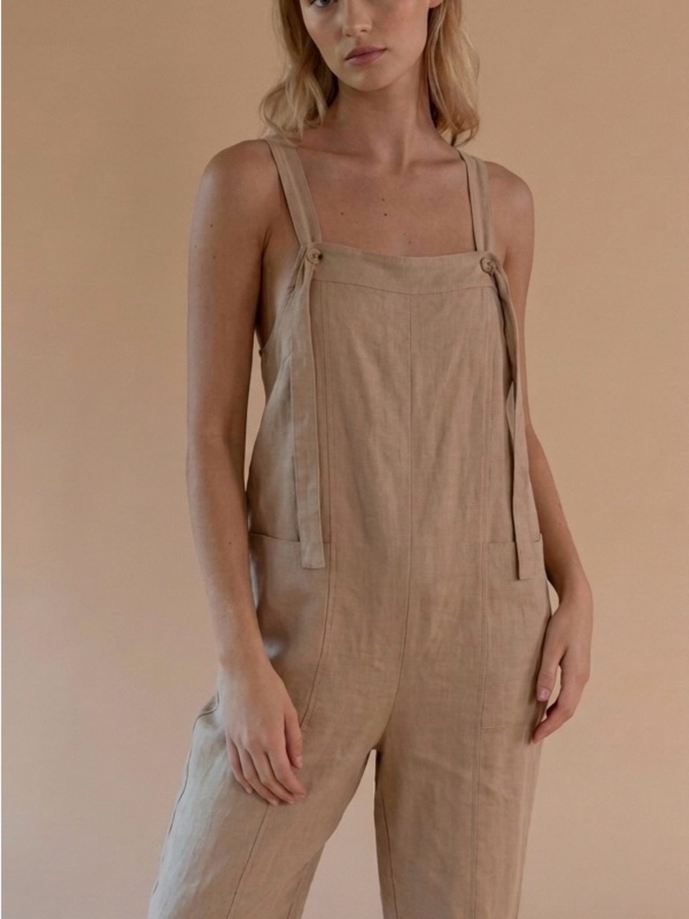 Maurie + Eve Beige Tie-Strap Linen Jumpsuit